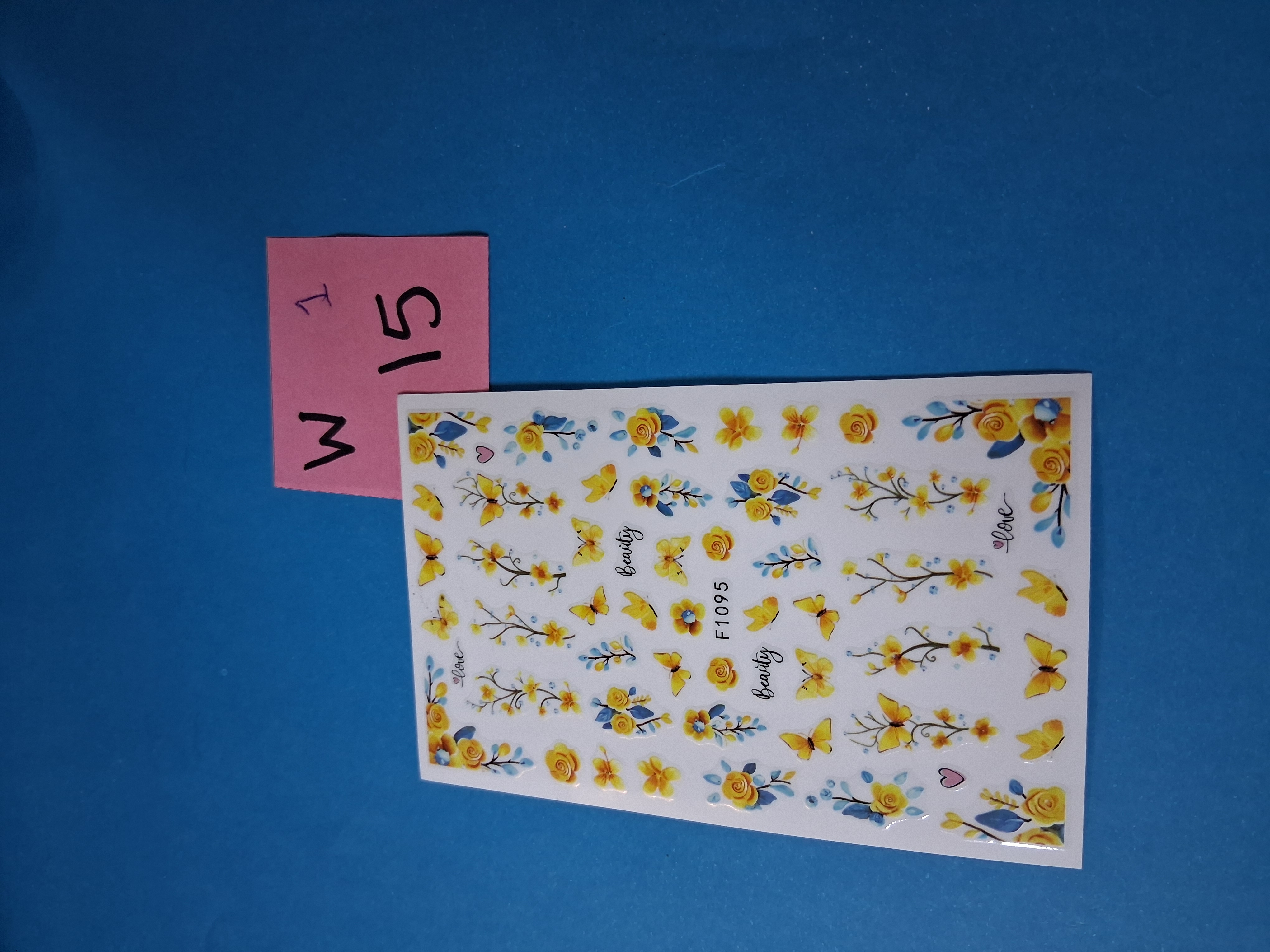 Nail Art Stickers — INV 15W-1 Yellow Roses & Butterflies "Beauty" (F1095, 1 sheet)